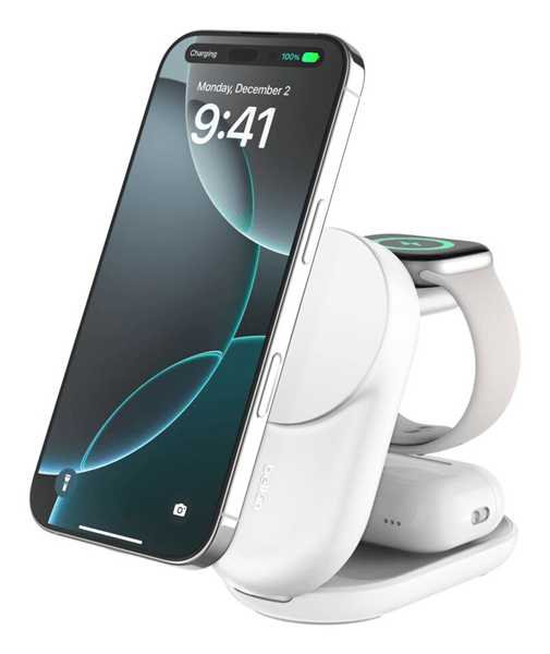 BASE DE CARGA BELKIN ULTRACHARGE BLANCO MAGNETICO PLEGABLE QI2 25W MOVIL RELOJ Y AURICULARES BLANCO