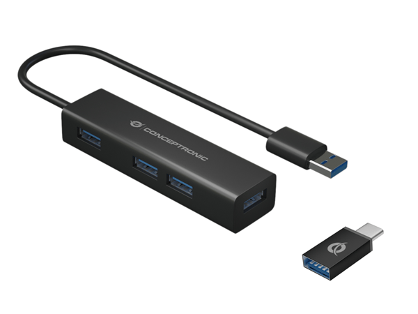 hub 3.0 conceptronic hubbies06b 4 puertos usb 3.0  con adaptador usb-c color negro carcasa de aluminio