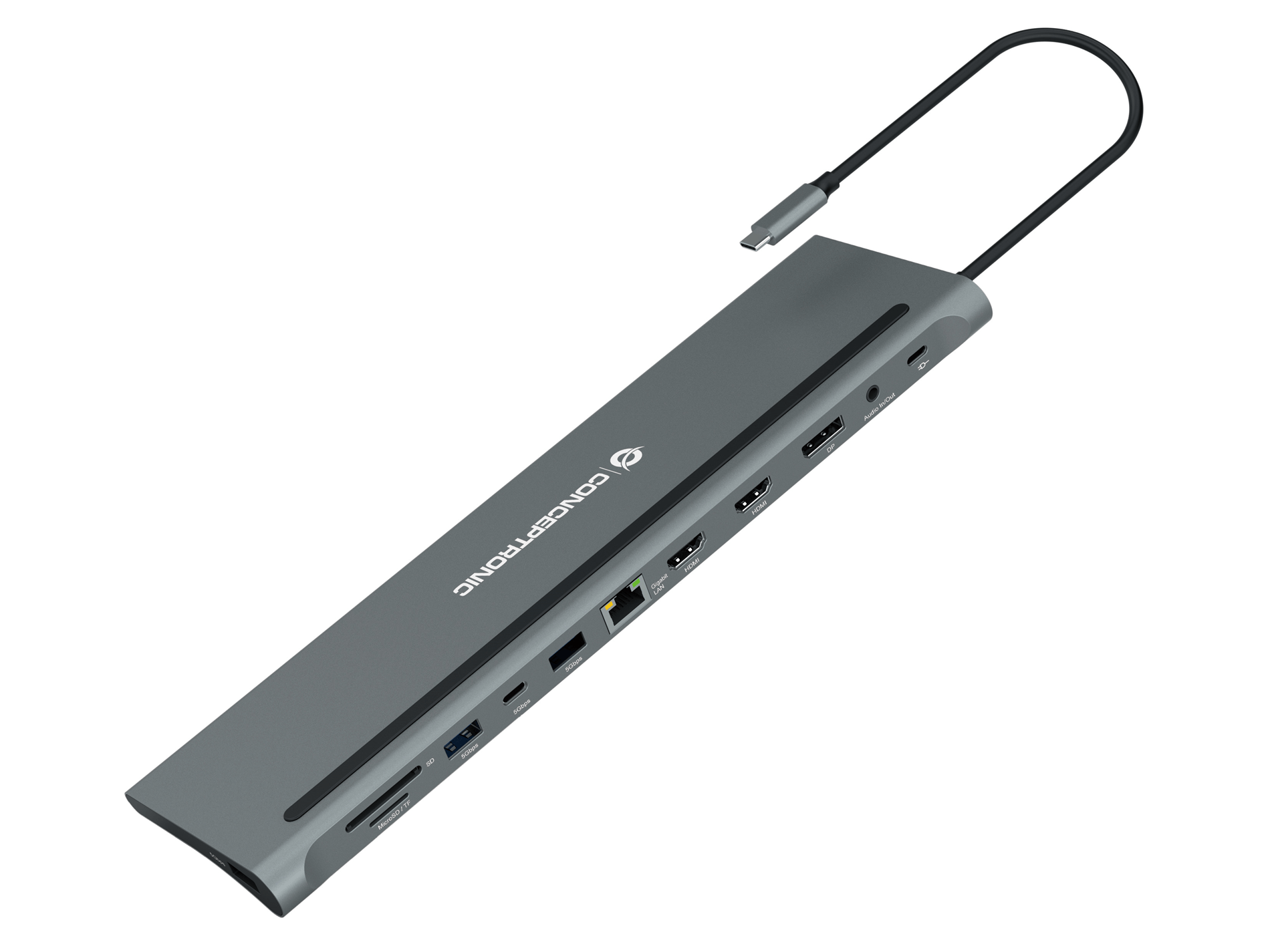 ADAPTADOR USB-C 12IN1 CONCEPTRONIC HDMIx2 DISPLAYPORT GIGABIT USB-C DATOS USB-A AUDIO LAN LECTOR TARJETAS DONN15G