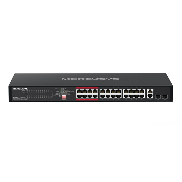 SWITCH NO GESTIONABLE MERCUSYS MS126CP 26P 24xFE LAN 2xGB COMBO LAN/SFP 24xPoE+ 295W CARCASA METALIC