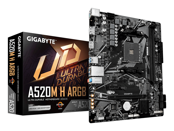 GIGABYTE AMD A520M H ARGB Placa Base – Compatible con CPUs AMD Ryzen Serie 5000, hasta 5100 MHz DDR4 (OC), M.2 PCIe 3.0 x4, LAN 1 GbE, USB 3.2 Gen 1