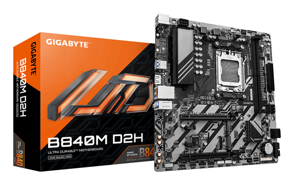 GIGABYTE AMD B840M D2H Placa base - Procesadores AMD Ryzen 9000, VRM de 5+2+2 fases, hasta 7600 MHz DDR5, 1xPCIe 4.0 + 1xPCIe 3.0 M.2, LAN 2.5GbE, US
