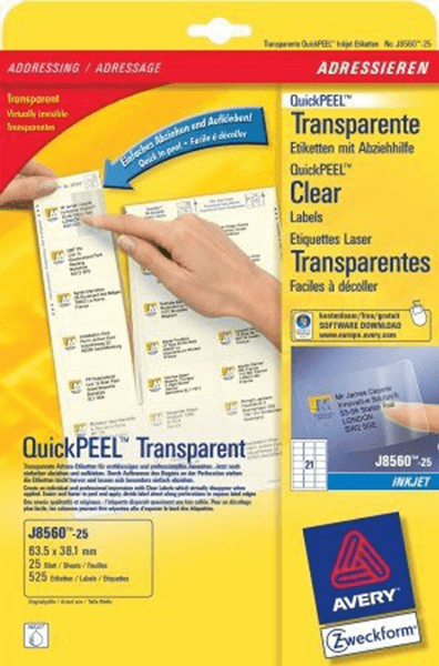 PAQUETE 25 HOJAS ETIQUETAS TRANSPARENTES QUICKPEEL-IMPRESORAS DE INYECCION DE TINTA-63,5X38,1 MM AVERY J8560-25
