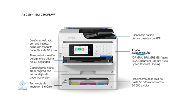 EPSON WorkForce Pro EM-C800RDWF Printer Multifunción A4 Wifi Inkjet Dúplex