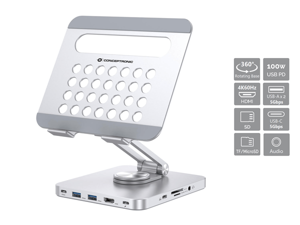 DOCKING USB-C SOPORTE CONCEPTRONIC 1xHDMI4K 2xUSB-A 3.0 1xUSB-C 1xUSB-C PD100W 1x3,5MM 1xSD/SDMICRO