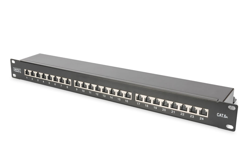 DIGITUS CAT 6A Class EA Patch Panel shielded 1U 24-port RJ45 incl.dust cover 8P8C black RAL 9005 483 mm (19 ) /482.6x44x109 mm