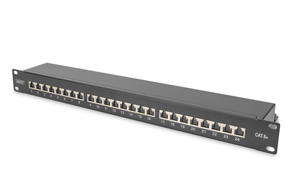 DIGITUS CAT 6A Class EA Patch Panel shielded 1U 24-port RJ45 incl.dust cover 8P8C black RAL 9005 483 mm (19 ) /482.6x44x109 mm