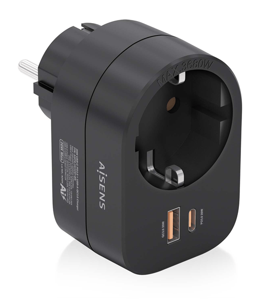 REGLETA PARED AISENS 1 TOMA USB-C 20W PD3.0 USB-A 20W QC3.0 NEGRO
