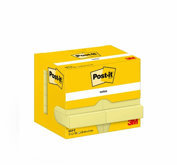 PACK 12 BLOCS 100 HOJAS NOTAS ADHESIVAS 38X51MM CANARY YELLOW SIN ENCELOFANADO INDIVIDUAL 653-E POST-IT 7100290163