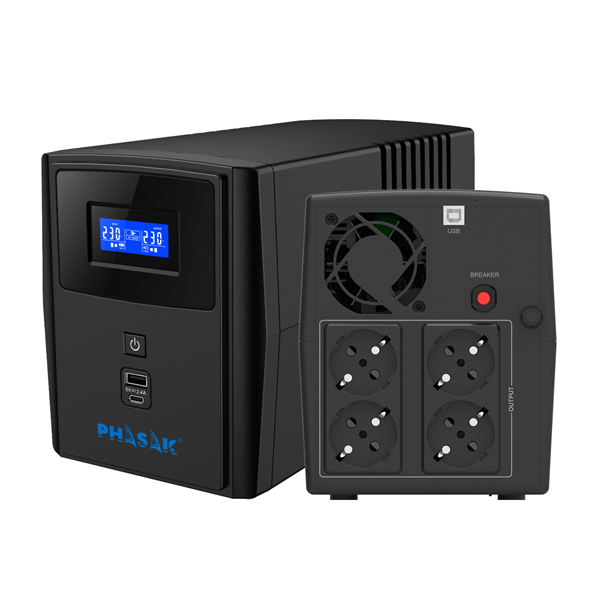 SAI Interactivo PHASAK Sirius 1260 VA Modelo PH 7312, Protección para Equipos de Oficina y Electrónica, Regulación Automática de Voltaje, Sobretensiones, Recarga Automática.