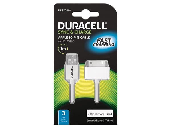 Cable Duracell Iphone Ipad Conector 30 Pin a USB 1M Blanco