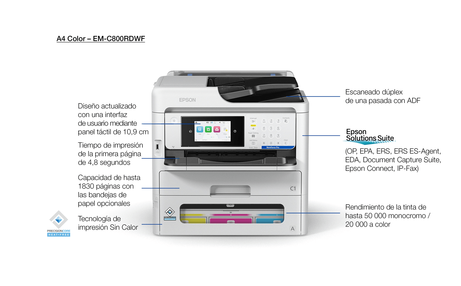 EPSON WorkForce Pro EM-C800RDWF Printer Multifunción A4 Wifi Inkjet Dúplex