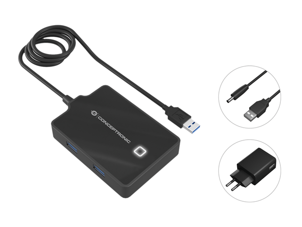 hub usb3.0 conceptronic  hubbies11b 4 puertos y cable de 90cm con alimentador