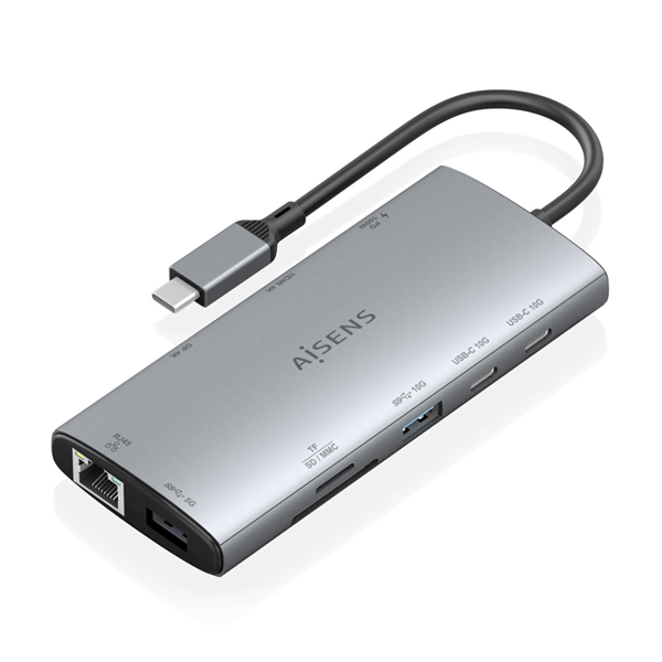 AISENS USB C Dock 10 en 1 USB C a 1xHDMI 1xDisplayPort 1xRJ45 1xUSB A 10G 1xUSB A 5G 2xUSB C 10G 1xUSB C PD100W 1xSD 1xMicroSD Gris 20