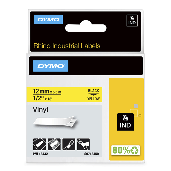 CINTA ROTULADORA RHINOPRO VINILO 12MMX5.5M NEGRO/AMARILLO DYMO 18432