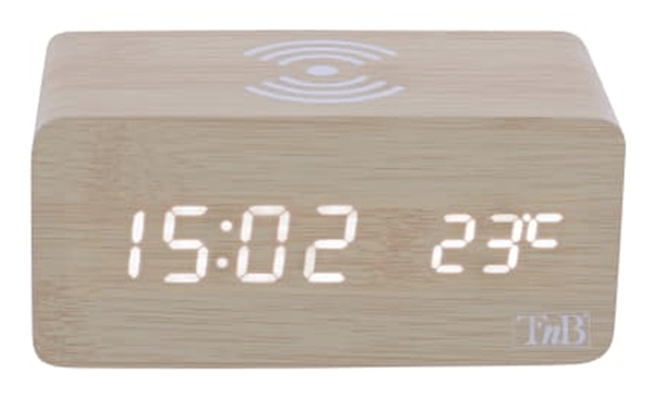 TNB JOY - Reloj despertador LED de 3 alarmas con cargador de inducci?n - efecto madera
