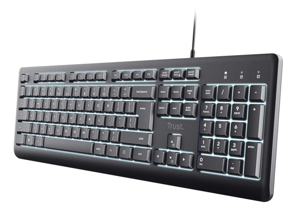 TECLADO TRUST USB PRIMO SILENCIOSO RESISTENTE DERRAMES LED BLANCO NEGRO