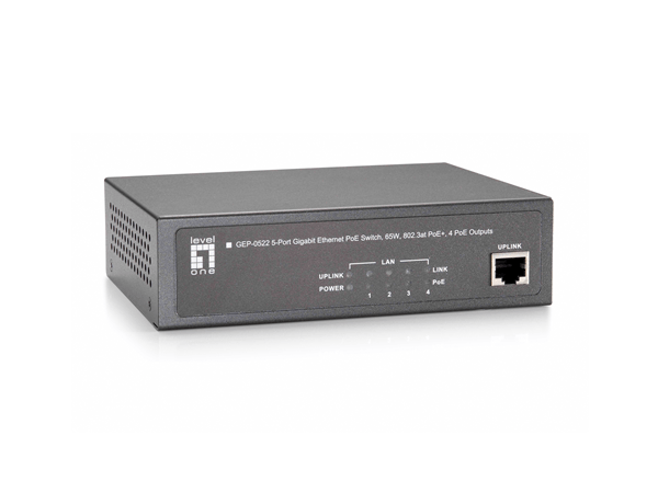 SWITCH NO GESTIONABLE LEVELONE GEP-0522 5P 1x1GB 4x1GB POE+ 65W METALICO NEGRO