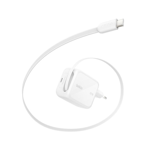 Cargador usb gan belkin wdh022kqwh 67w usc-b cable retractil blanco