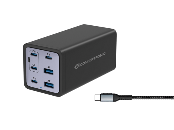 CARGADOR USB GAN CONCEPTRONIC OZUL06BE 200W PD 4xUSB-C 2xUSB-A NEGRO
