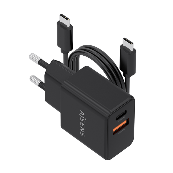 AISENS - CARGADOR GaN 20W CON CABLE USB-C 1M, 1xUSB-C PD3.0, 1xUSB-A QC3.0, NEGRO