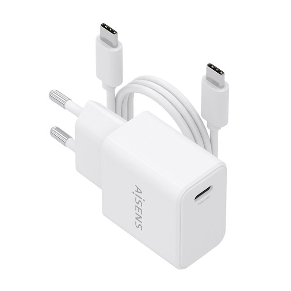 AISENS - CARGADOR GaN USB-C PD3.0 1xUSB-C 20W CON CABLE USB-C 1M, BLANCO