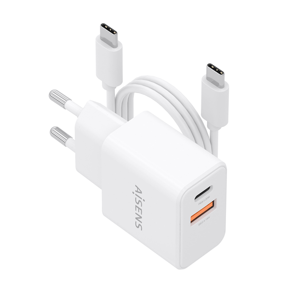 AISENS - CARGADOR GaN 20W CON CABLE USB-C 1M, 1xUSB-C PD3.0, 1xUSB-A QC3.0, BLANCO