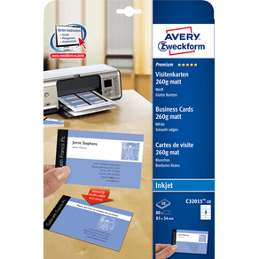 PAQUETE 10 HOJAS TARJETAS DE VISITA BLANCAS QUICK CLEAN DE PAPEL CUCHE OPACAS-260 G-IMPRESORAS DE INYECCION DE TINTA-85X54 MM AVERY C32015-10E