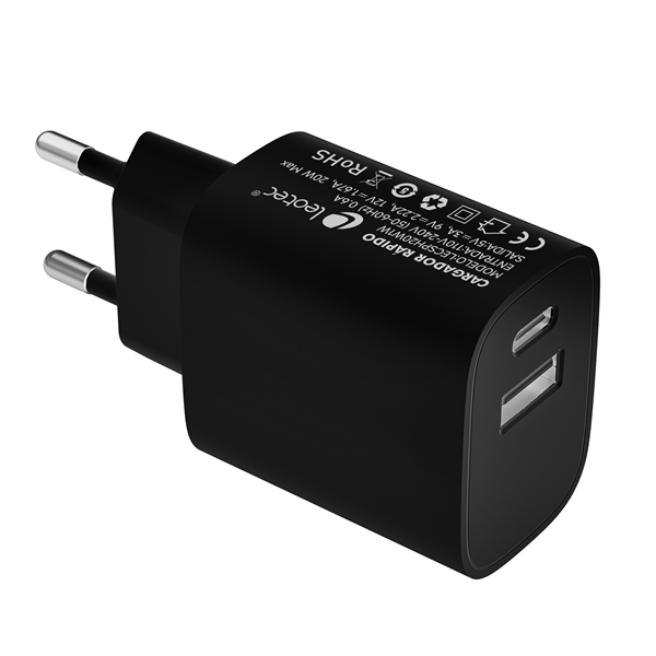 leotec cargador 20w carga rapida 1 usb tipo-c pd 1 usb-a negro