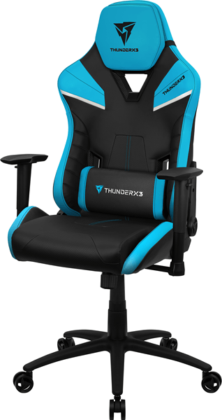 CADEIRA THUNDERX3 TC5 GAMER DESIGN PROFISSIONAL PARA JOGOS PRETO COM DETALHES AZUIS SISTEMA DE DESCANSO DE AR