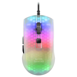 MOUSE MARS GAMING MMR TRANSLUCIDO WHITE OPTICO 12800DPI  ULTRA LIGERO 58g ILUMINACION RGB SWITCHES MECANICOS HUANO PROGRAMABLES