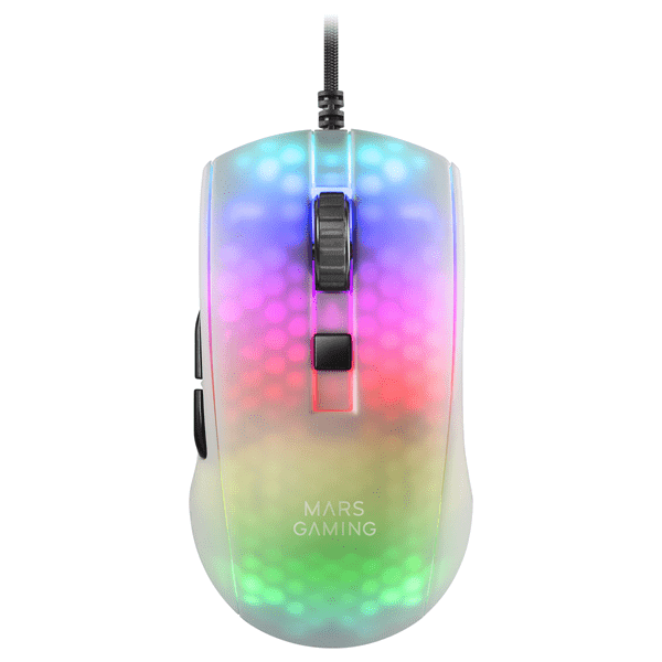 mouse mars gaming mmr translucido white optico 12800dpi  ultra ligero 58g iluminacion rgb switches mecanicos huano programables